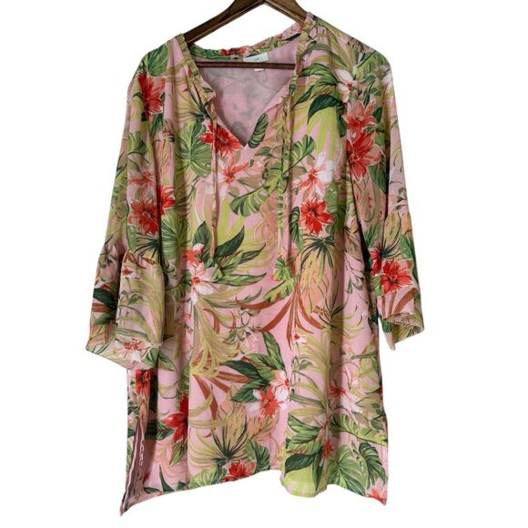J Jill Floral Tunic Top Womens Sz XLp Beachy Tropical Vacation Summer Boho - Picture 1 of 8